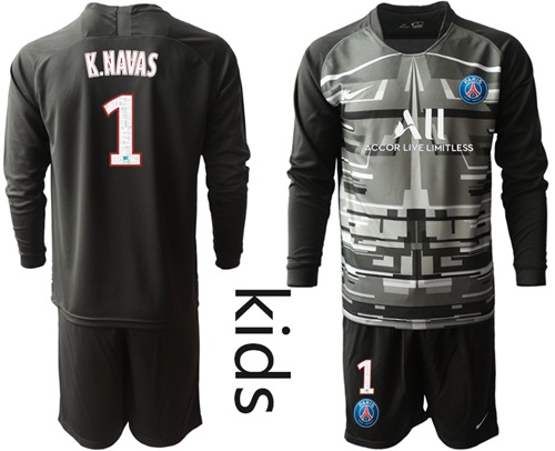 Paris Saint Germain #1 K.Navas Black Goalkeeper Long Sleeves Kid Soccer Club Jersey