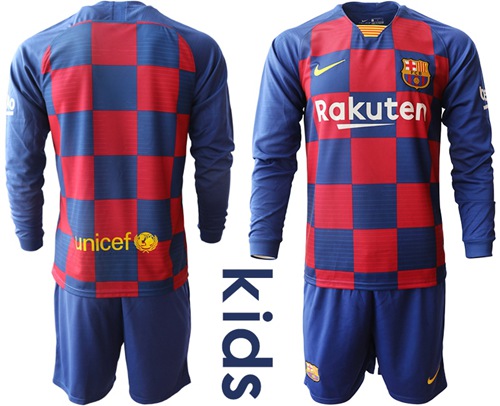 Barcelona Blank Home Long Sleeves Kid Soccer Club Jersey