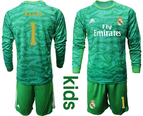 Real Madrid #1 Navas Green Goalkeeper Long Sleeves Kid Soccer Club Jersey
