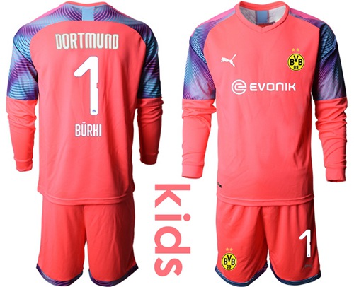 Dortmund #1 Burki Pink Goalkeeper Long Sleeves Kid Soccer Club Jersey
