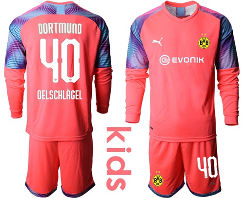 Dortmund #40 Oelschlagel Pink Goalkeeper Long Sleeves Kid Soccer Club Jersey
