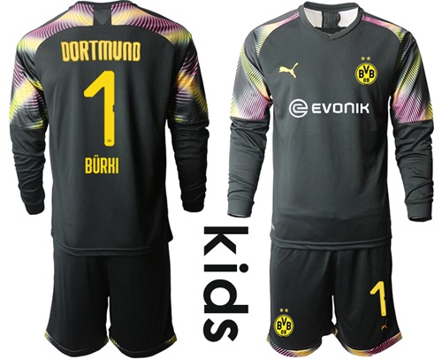 Dortmund #1 Burki Black Goalkeeper Long Sleeves Kid Soccer Club Jersey