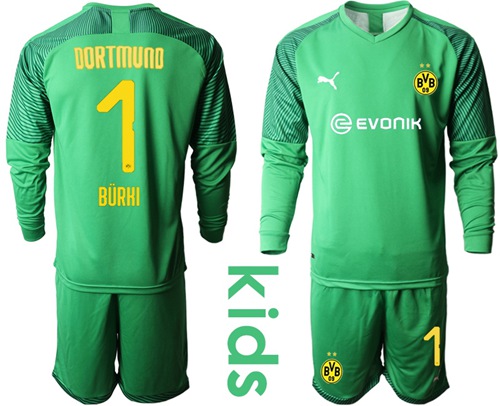 Dortmund #1 Burki Green Goalkeeper Long Sleeves Kid Soccer Club Jersey