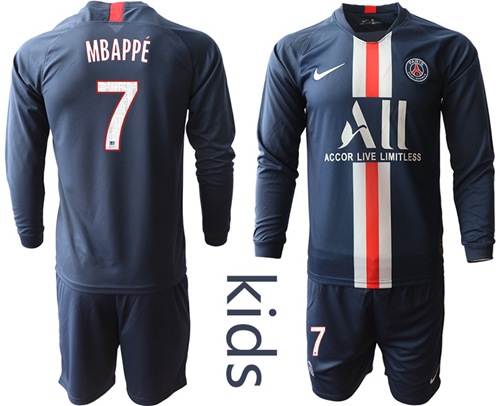 Paris Saint-Germain #7 Mbappe Home Long Sleeves Kid Soccer Club Jersey