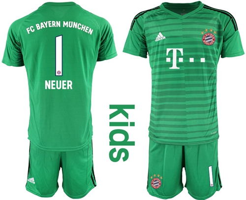 Bayern Munchen #1 Neuer Green Goalkeeper Kid Soccer Club Jersey