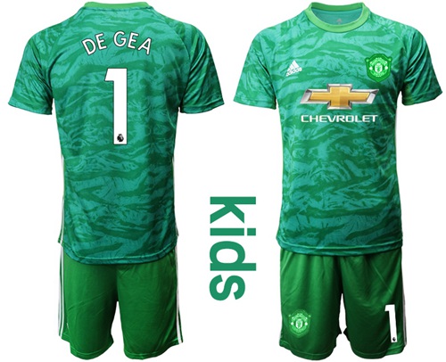 Manchester United #1 De Gea Green Goalkeeper Kid Soccer Club Jersey