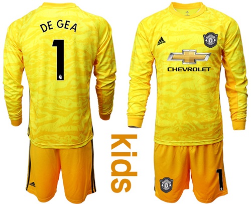 Manchester United #1 De Gea Yellow Goalkeeper Long Sleeves Kid Soccer Club Jersey