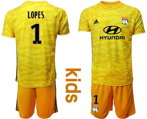 Lyon #1 Lopes Yellow Goalkeeper Kid Soccer Club Jersey