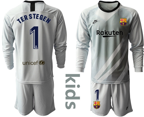 Barcelona #1 Ter Stegen Grey Goalkeeper Long Sleeves Kid Soccer Club Jersey