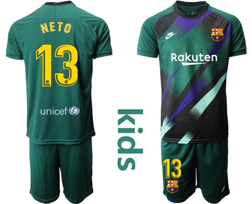 Barcelona #13 Neto Green Goalkeeper Kid Soccer Club Jersey