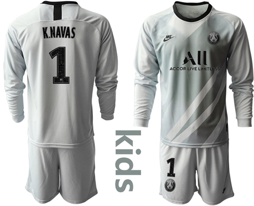Paris Saint Germain #1 K.Navas Grey Goalkeeper Long Sleeves Kid Soccer Club Jersey