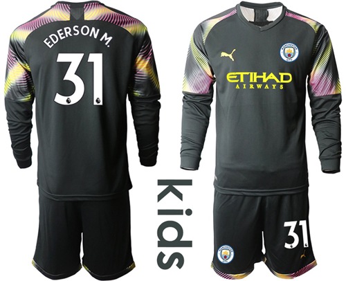Manchester City #31 Ederson M. Black Goalkeeper Long Sleeves Kid Soccer Club Jersey