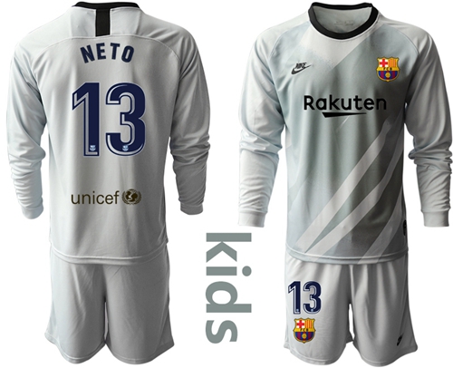 Barcelona #13 Neto Grey Goalkeeper Long Sleeves Kid Soccer Club Jersey