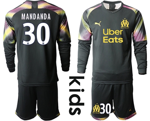 Marseille #30 Mandanda Black Goalkeeper Long Sleeves Kid Soccer Club Jersey