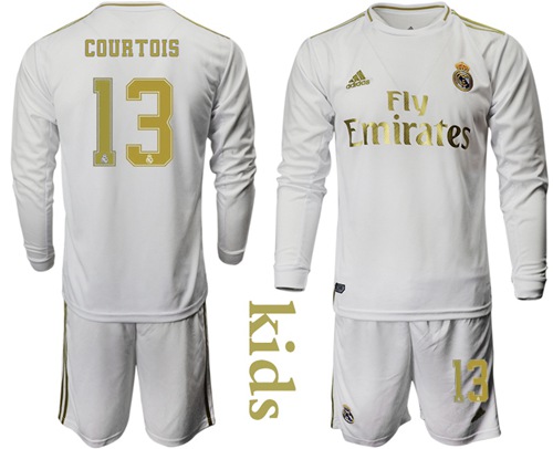 Real Madrid #13 Courtois Home Long Sleeves Kid Soccer Club Jersey