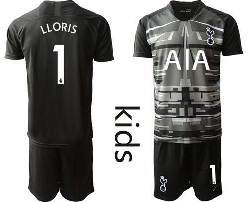 Tottenham Hotspur #1 Lloris Black Goalkeeper Kid Soccer Club Jersey