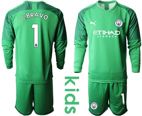 Manchester City #1 C.Bravo Green Goalkeeper Long Sleeves Kid Soccer Club Jersey