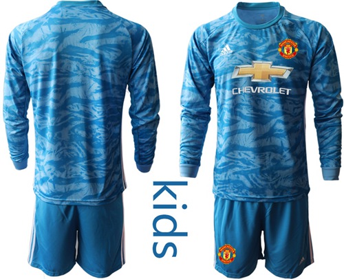 Manchester United Blank Light Blue Goalkeeper Long Sleeves Kid Soccer Club Jersey