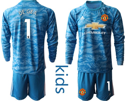 Manchester United #1 De Gea Light Blue Goalkeeper Long Sleeves Kid Soccer Club Jersey