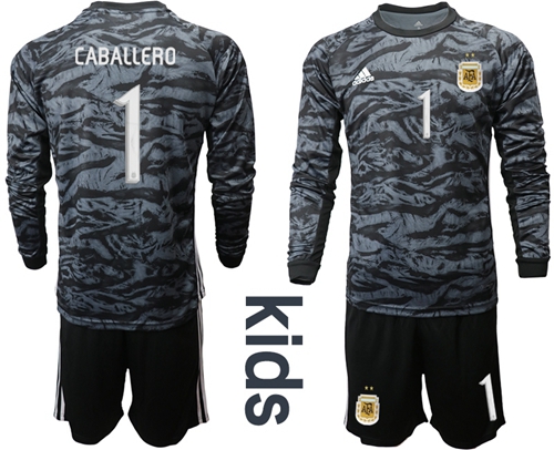Argentina #1 Caballero Black Long Sleeves Goalkeeper Kid Soccer Country Jersey