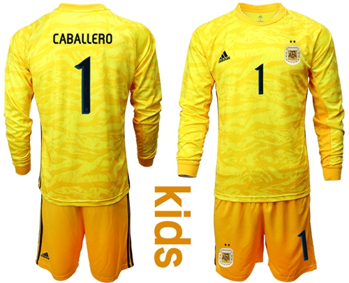Argentina #1 Caballero Yellow Long Sleeves Goalkeeper Kid Soccer Country Jersey