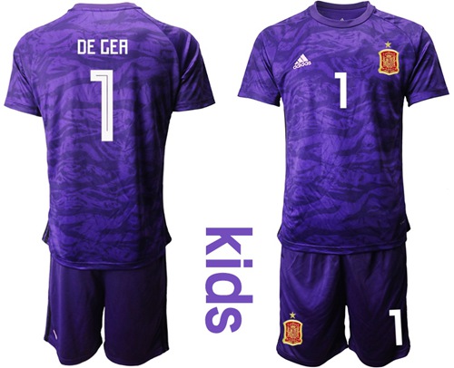 Spain #1 De Gea Purple Goalkeeper Kid Soccer Country Jersey