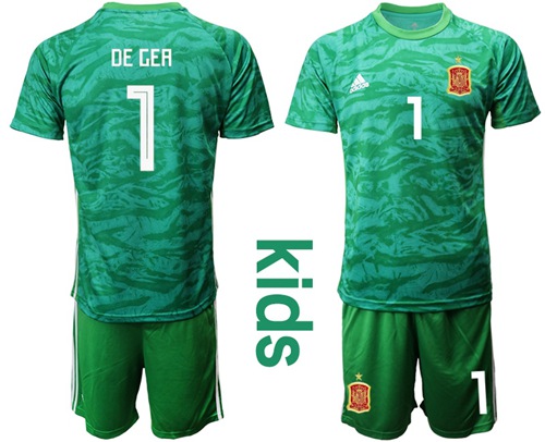 Spain #1 De Gea Green Goalkeeper Kid Soccer Country Jersey