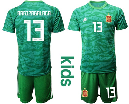 Spain #13 Arrizabalaga Green Goalkeeper Kid Soccer Country Jersey