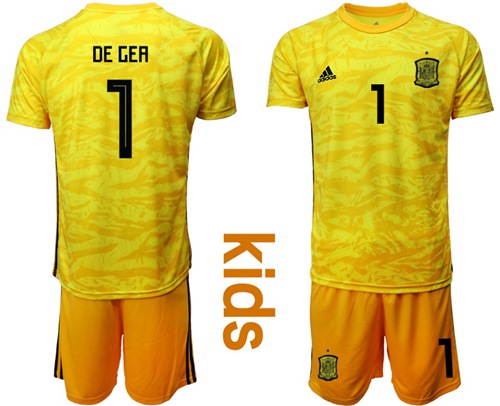 Spain #1 De Gea Yellow Goalkeeper Kid Soccer Country Jersey