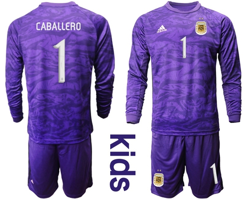 Argentina #1 Caballero Purple Long Sleeves Goalkeeper Kid Soccer Country Jersey