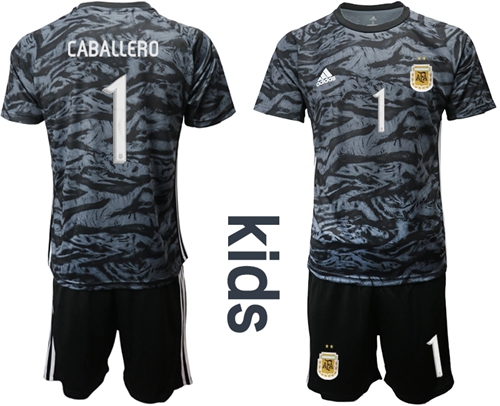 Argentina #1 Caballero Black Goalkeeper Kid Soccer Country Jersey