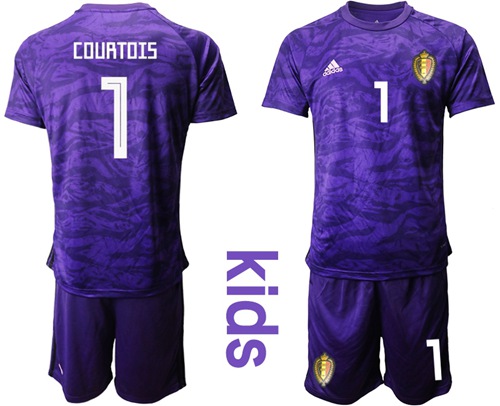 Belgium #1 Courtois Purple Goalkeeper Kid Soccer Country Jersey