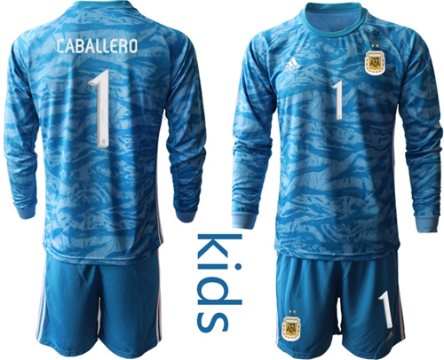 Argentina #1 Caballero Blue Long Sleeves Goalkeeper Kid Soccer Country Jersey