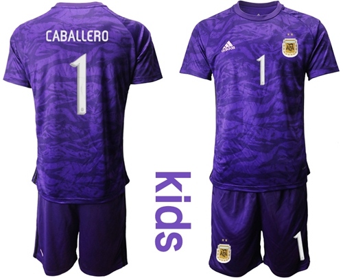 Argentina #1 Caballero Purple Goalkeeper Kid Soccer Country Jersey