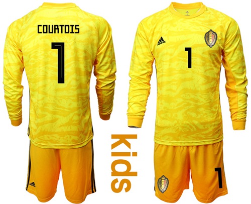 Belgium #1 Courtois Yellow Goalkeeper Long Sleeves Kid Soccer Country Jersey
