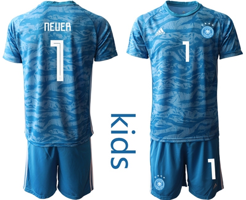 Germany #1 Neuer Blue Goalkeeper Kid Soccer Country Jersey