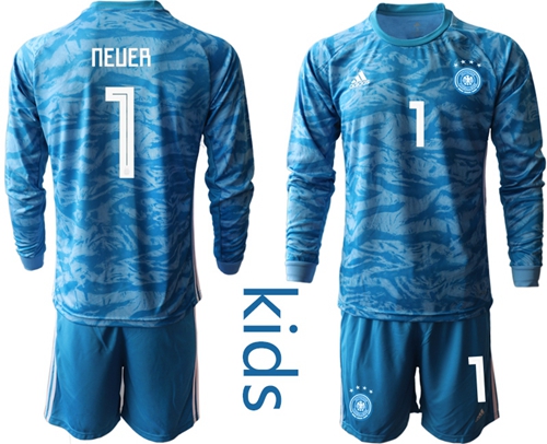 Germany #1 Neuer Blue Goalkeeper Long Sleeves Kid Soccer Country Jersey