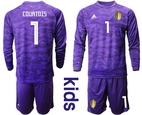 Belgium #1 Courtois Purple Goalkeeper Long Sleeves Kid Soccer Country Jersey