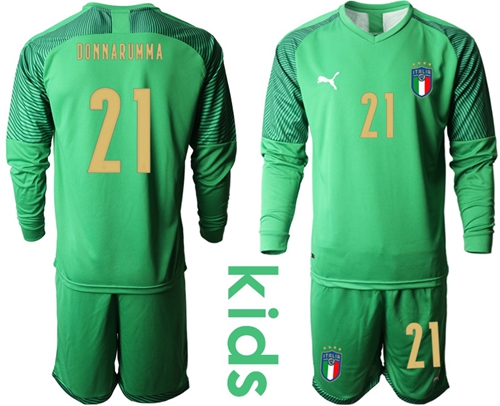 Italy #21 Donnarumma Green Goalkeeper Long Sleeves Kid Soccer Country Jersey