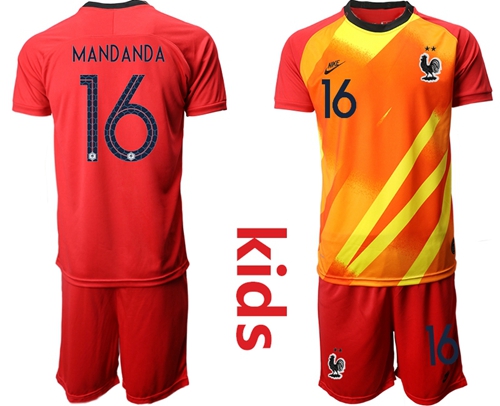 France #16 Mandanda Red Goalkeeper Kid Soccer Country Jersey
