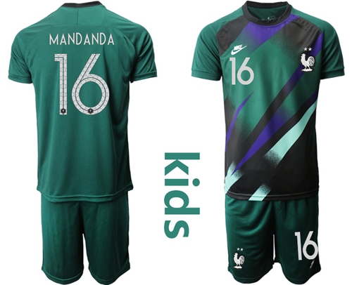France #16 Mandanda Green Goalkeeper Kid Soccer Country Jersey