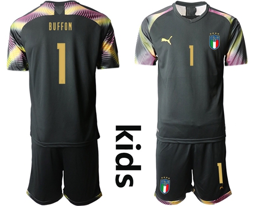Italy #1 Buffon Black Goalkeeper Kid Soccer Country Jersey