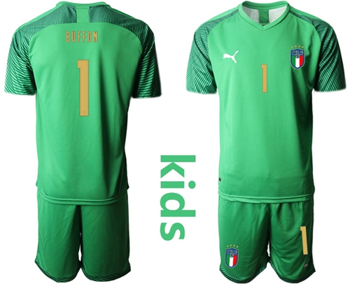 Italy #1 Buffon Green Goalkeeper Kid Soccer Country Jersey