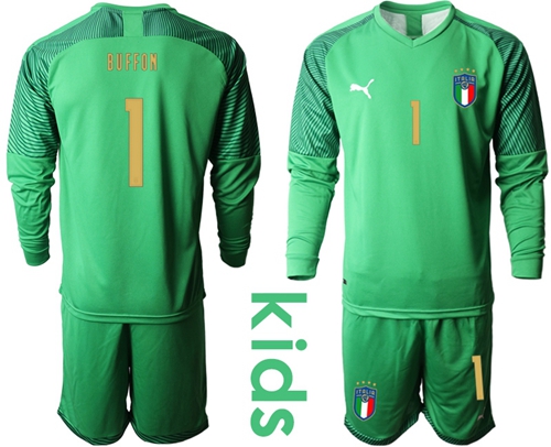 Italy #1 Buffon Green Goalkeeper Long Sleeves Kid Soccer Country Jersey