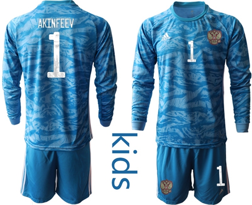 Russia #1 Akinfeev Blue Goalkeeper Long Sleeves Kid Soccer Country Jersey