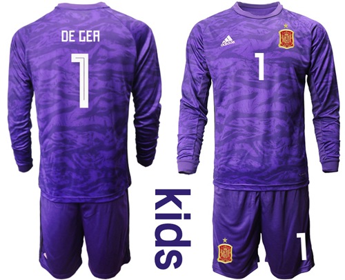 Spain #1 De Gea Purple Long Sleeves Goalkeeper Kid Soccer Country Jersey