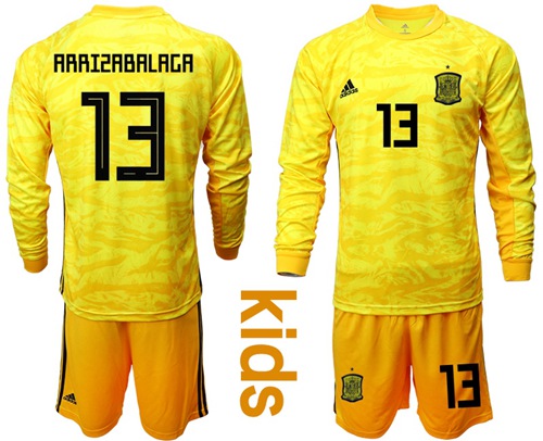 Spain #13 Arrizabalaga Yellow Long Sleeves Goalkeeper Kid Soccer Country Jersey