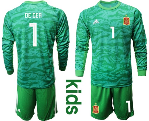Spain #1 De Gea Green Long Sleeves Goalkeeper Kid Soccer Country Jersey