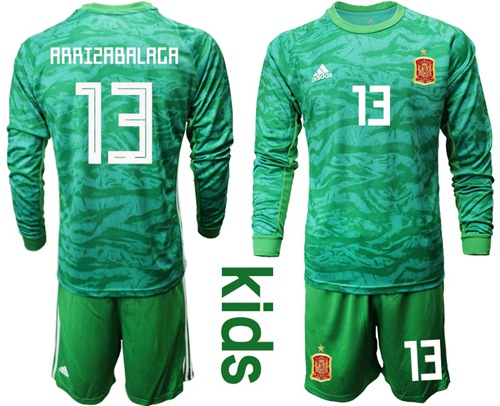 Spain #13 Arrizabalaga Green Long Sleeves Goalkeeper Kid Soccer Country Jersey