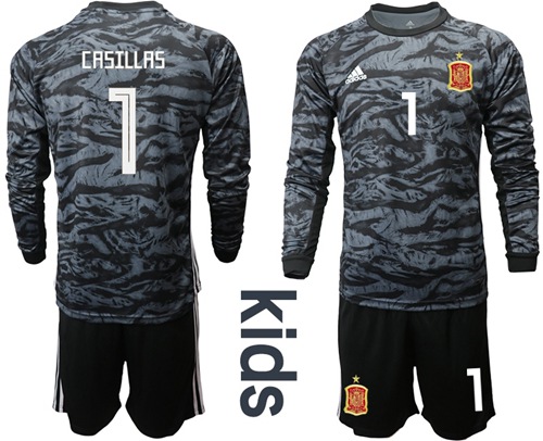 Spain #1 Casillas Black Long Sleeves Goalkeeper Kid Soccer Country Jersey